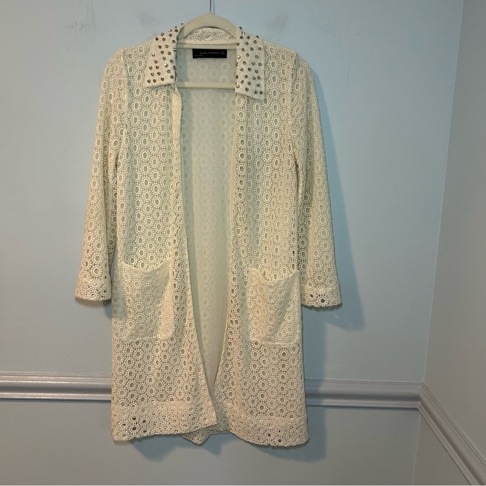 Zara Cream Lace Studded Collar Open Front Long Duster Cardigan Size Small